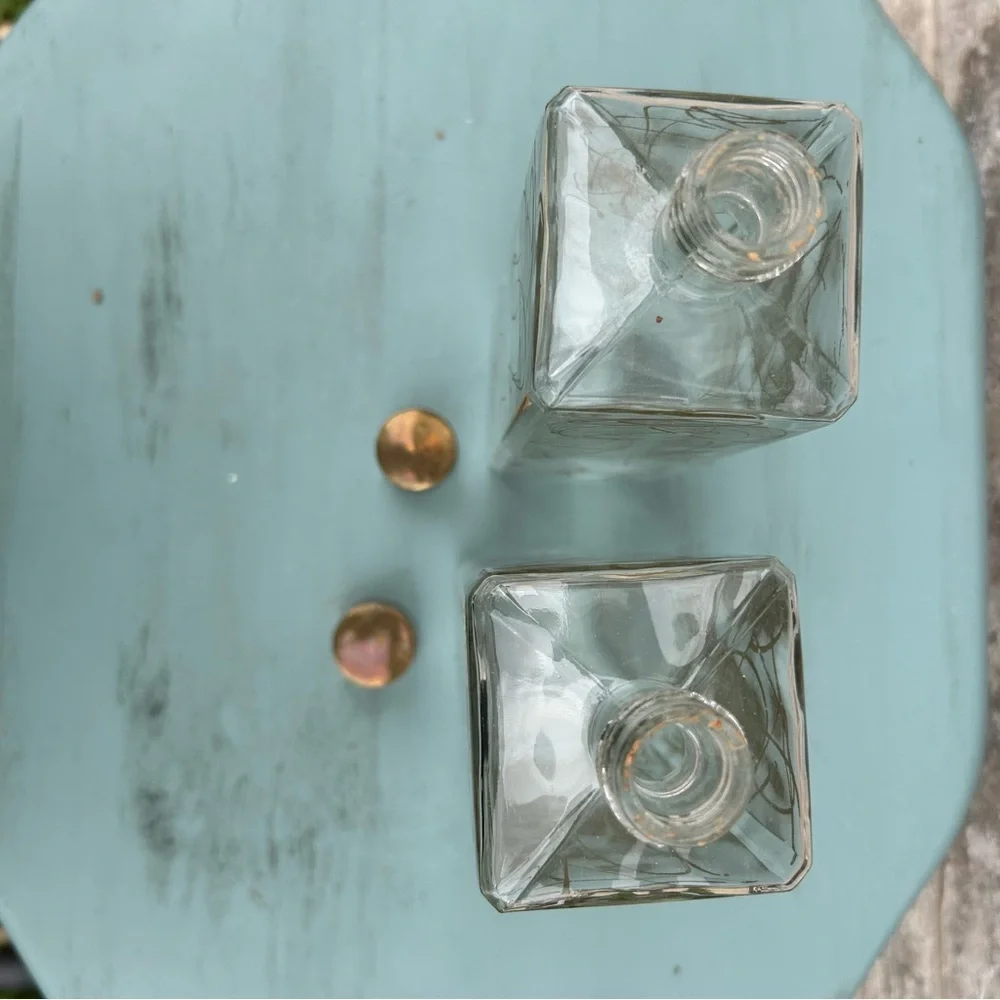 Vintage Mid Century English Bar Set Wood Brass Glass Bottles